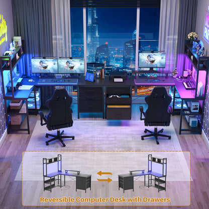 L Shaped Computer Desk with Hutch, Power Outlets, LED Lights & Storage Drawers