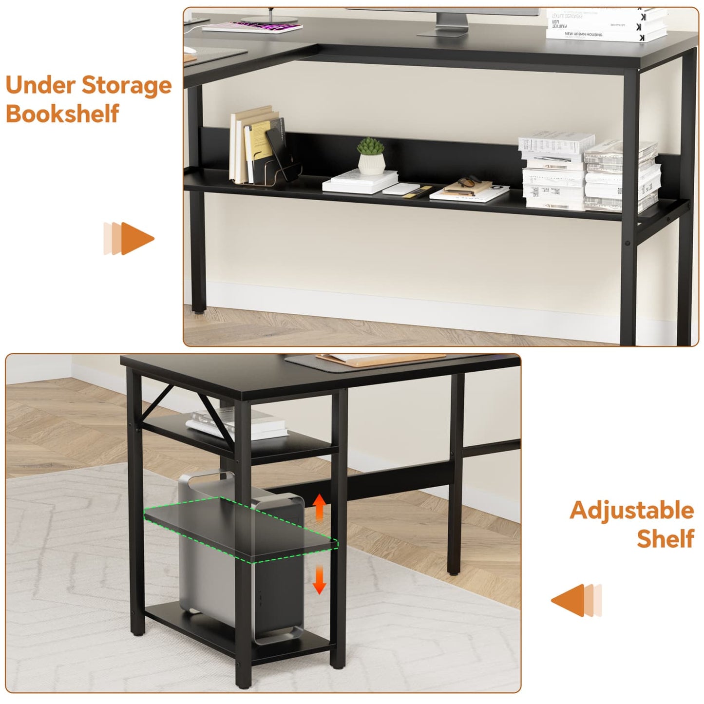 L Shaped Desk with Storage, Power Outlet, USB Ports, Reversible Computer Desk