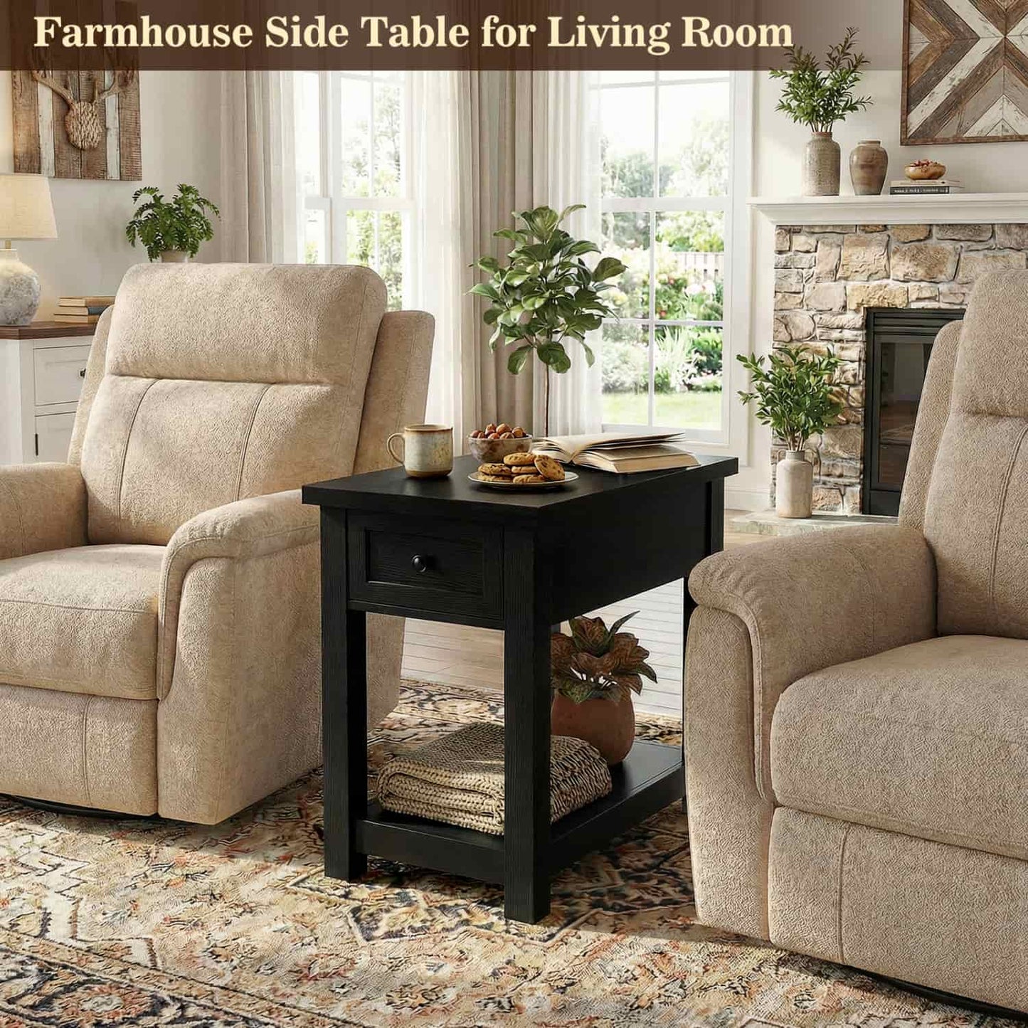 Farmhouse End Table with Drawer and Shelf, Nightstand with Charging Station