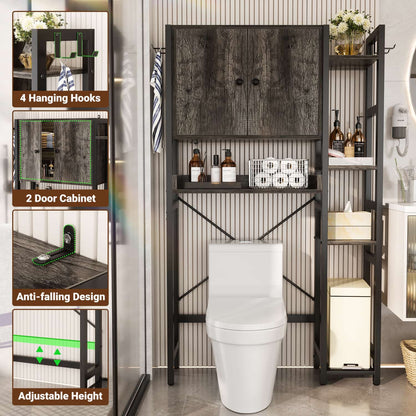 7-Tier Bathroom Organizer with Adjustable Shelf, Over The Toilet Storage Rack with 4 Hooks and Drawers