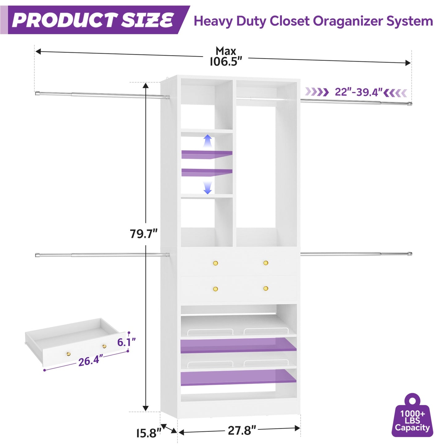 Wooden Closet System with Shoes Shelf and Drawer, Closet Organizer Storage with Drawer