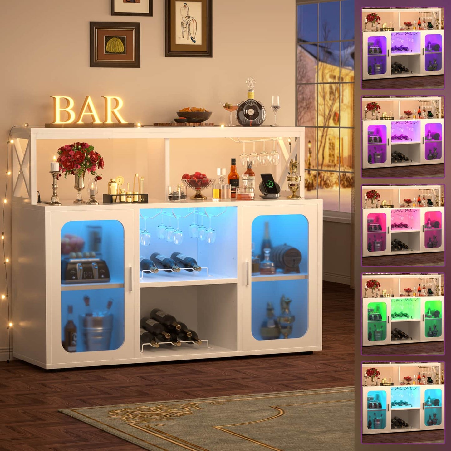 Wine Bar Cabinet with Glass Holders and and Doors, Buffet Wine cabinet with Power Outlet