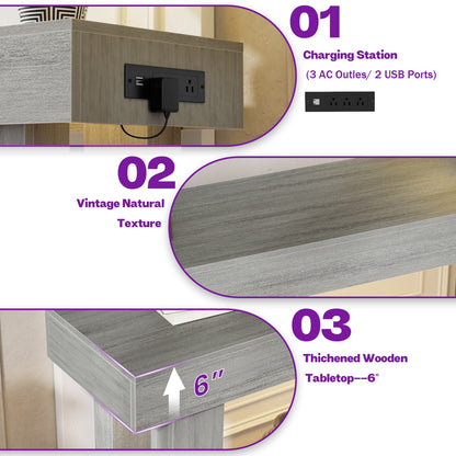 63inch Console Table with Power Outlets, Wood Narrow Entryway Table