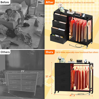 Dressers with Clothes Rack, Charging Station and Led Light, 4 Drawers Dresser for Bedroom