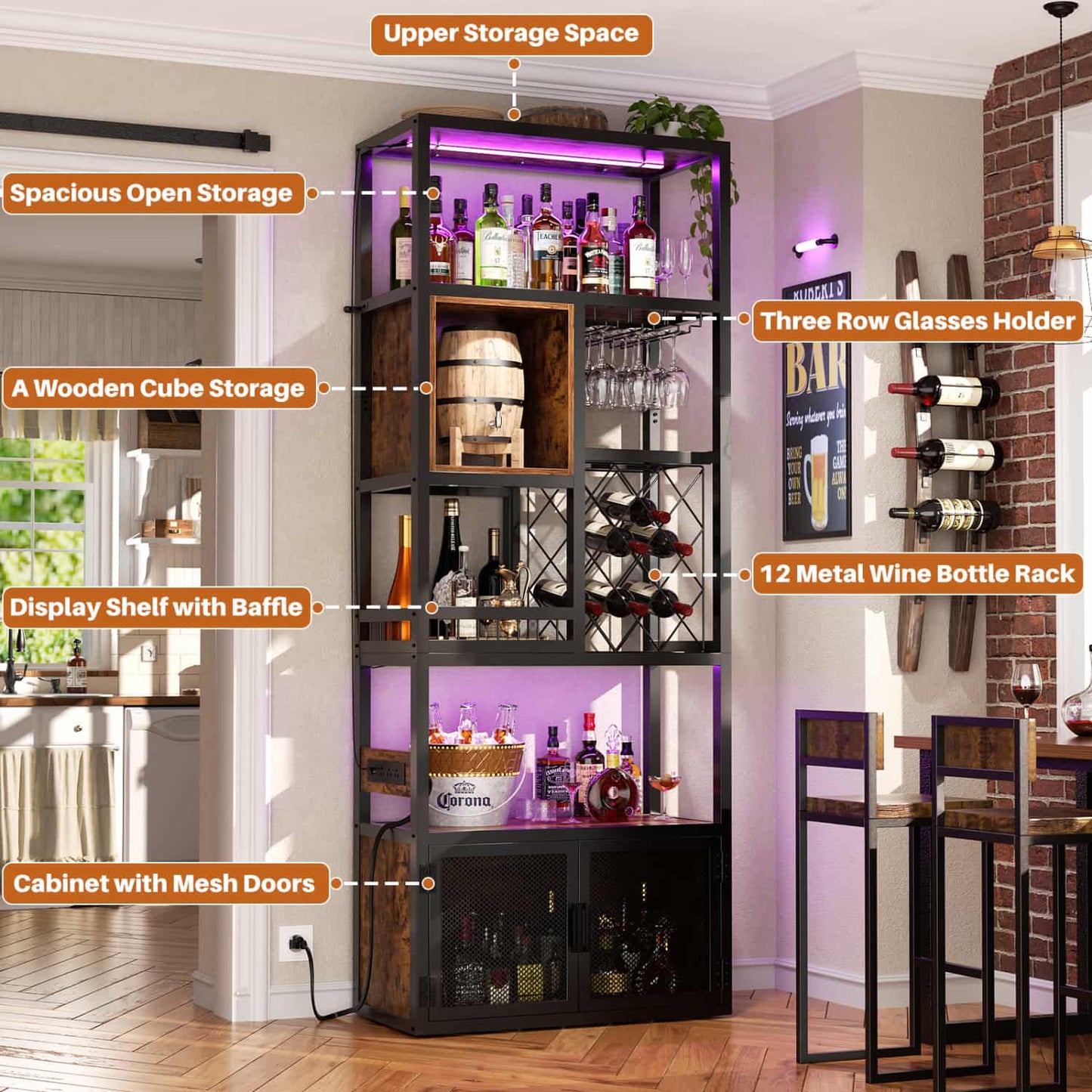 82.6" Tall Wine Bar Cabinet with LED Light and Outlets