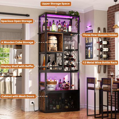 82.6" Tall Wine Bar Cabinet with LED Light and Outlets