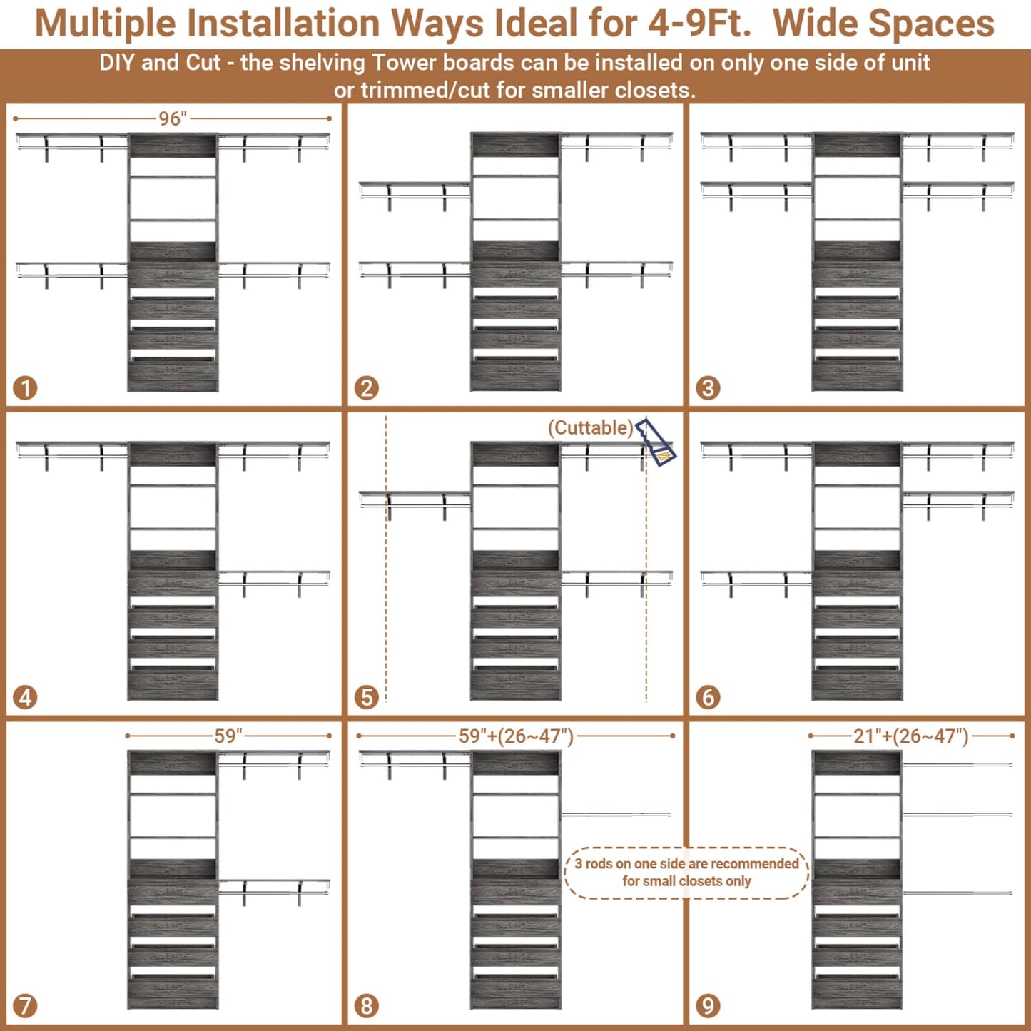 8FT Closet Organizer System with 4 Wooden Drawers & Hanging Rods