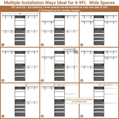 8FT Closet Organizer System with 4 Wooden Drawers & Hanging Rods