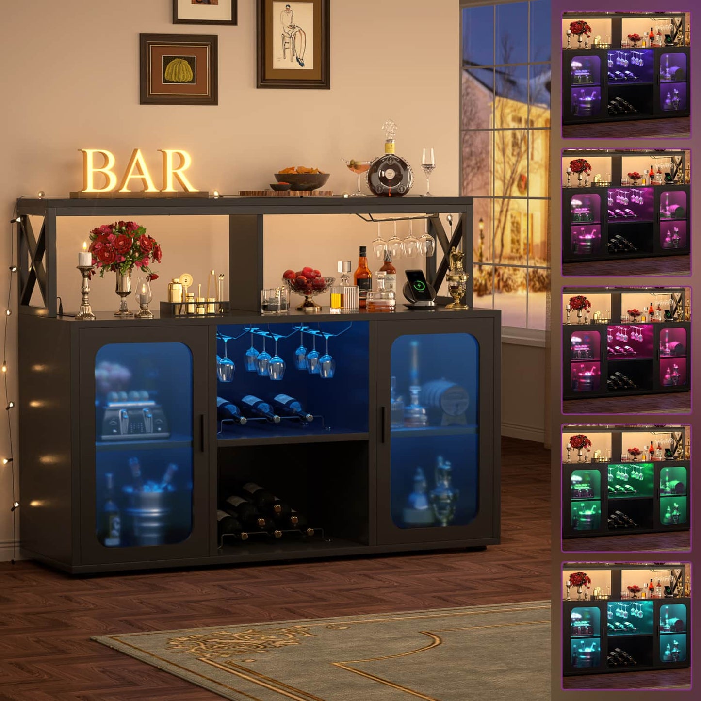 Wine Bar Cabinet with Glass Holders and and Doors, Buffet Wine cabinet with Power Outlet