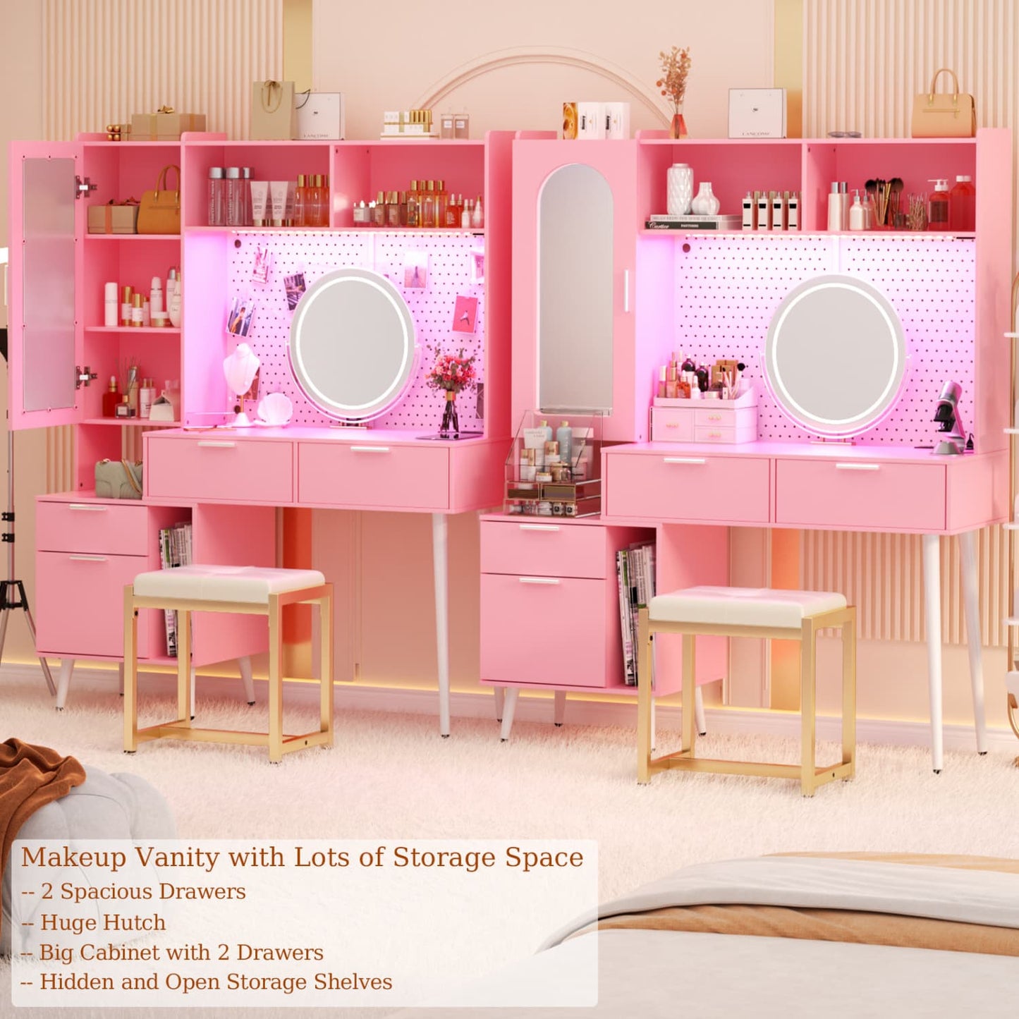 Makeup Vanity with Hutch, LED Lighted Mirror & Charging Station