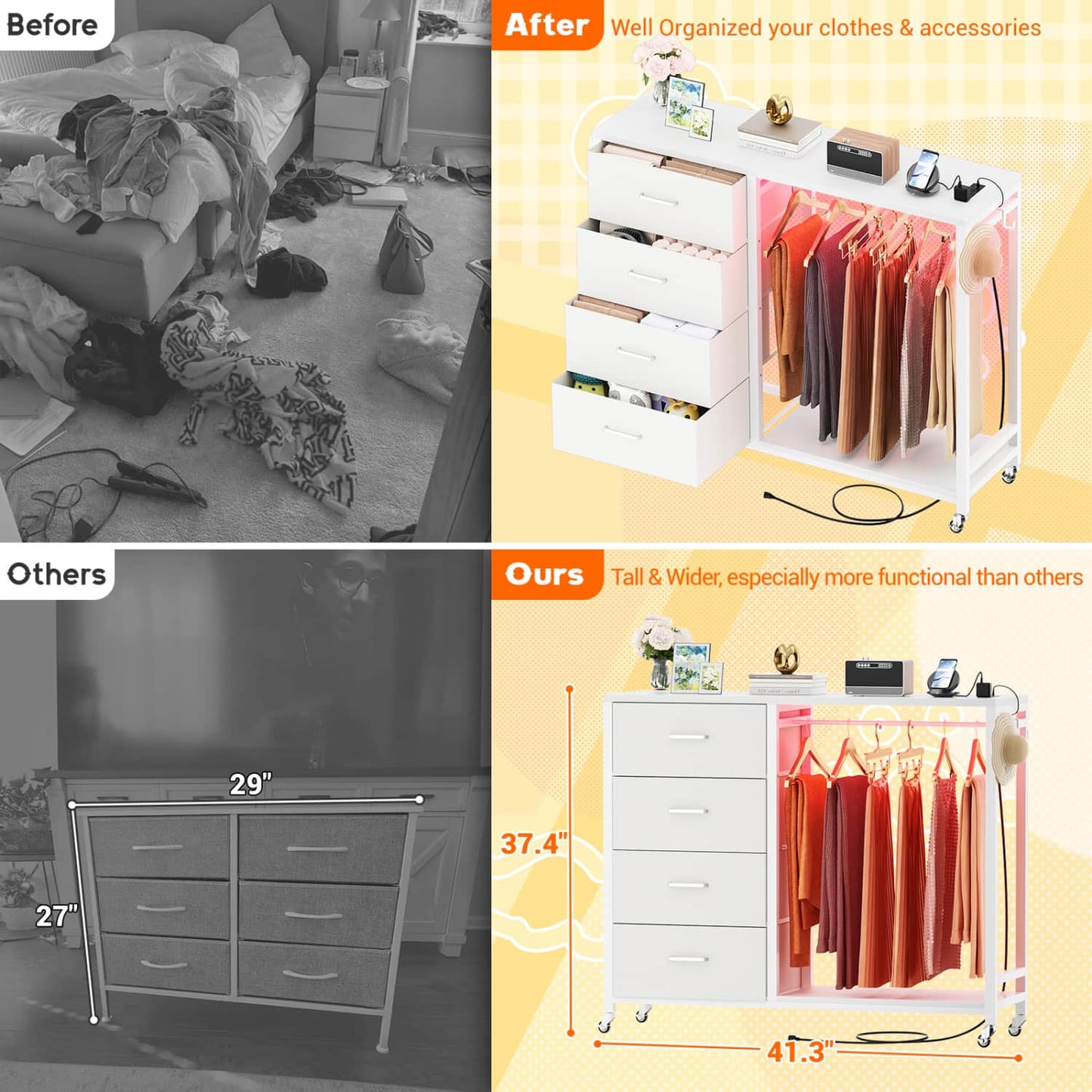 Dressers with Clothes Rack, Charging Station and Led Light, 4 Drawers Dresser for Bedroom