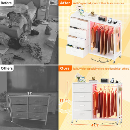 Dressers with Clothes Rack, Charging Station and Led Light, 4 Drawers Dresser for Bedroom