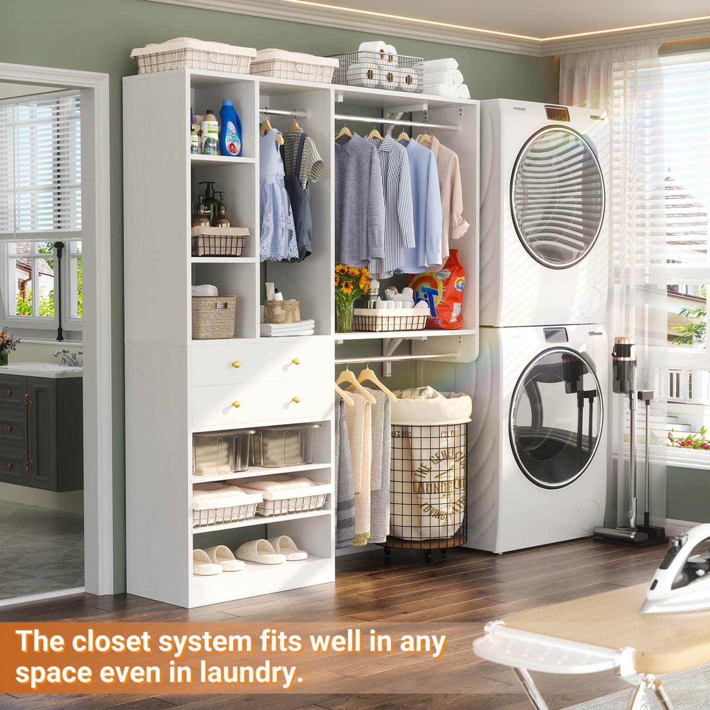 Closet System with Wooden Drawers and Two Hanging Rods
