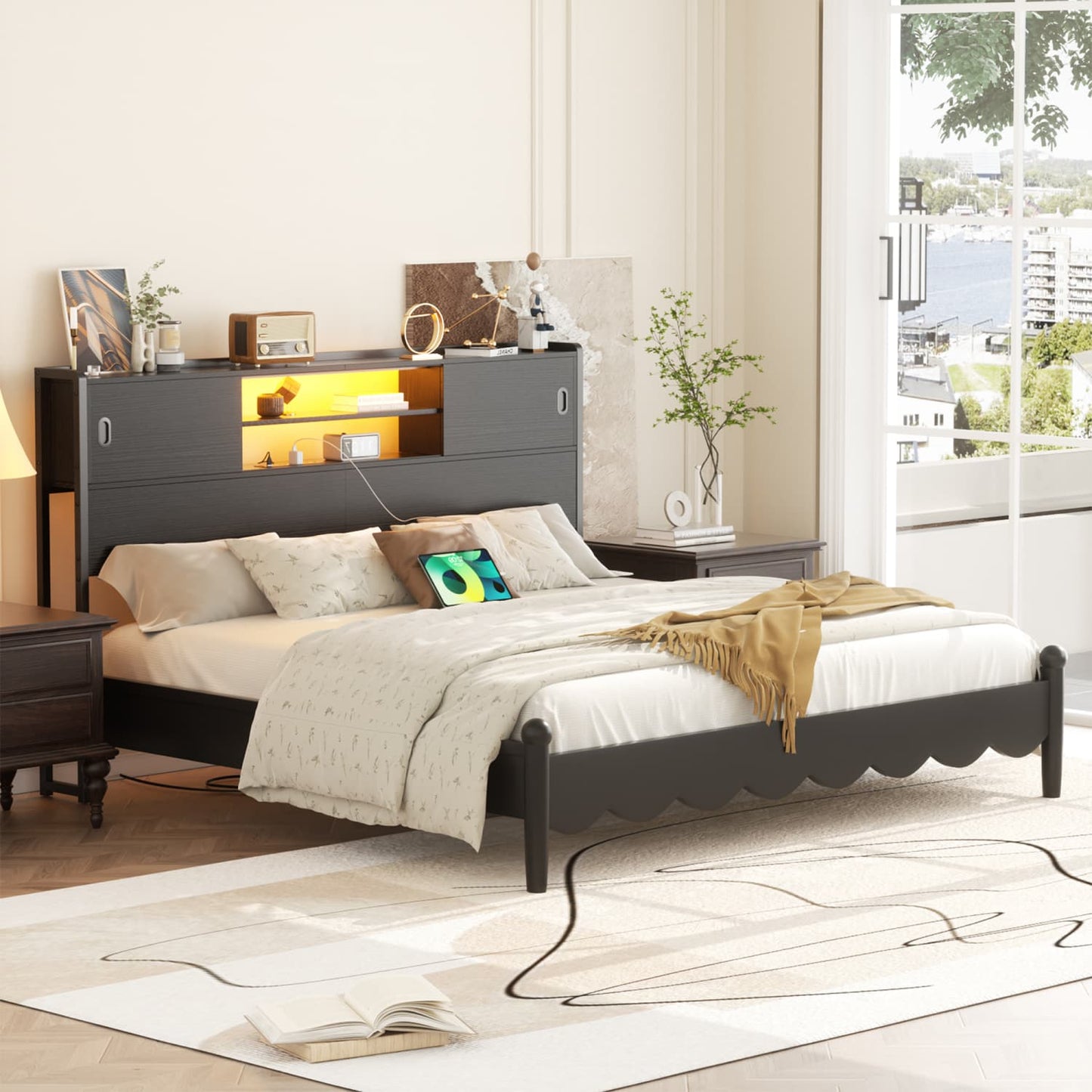 Storage Headboard with Sliding Doors and Charging Station