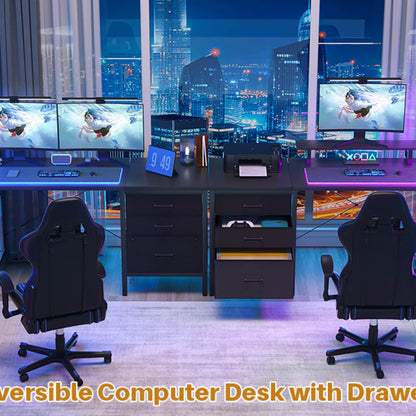 L Shaped Computer Desk with Hutch, Power Outlets, LED Lights & Storage Drawers