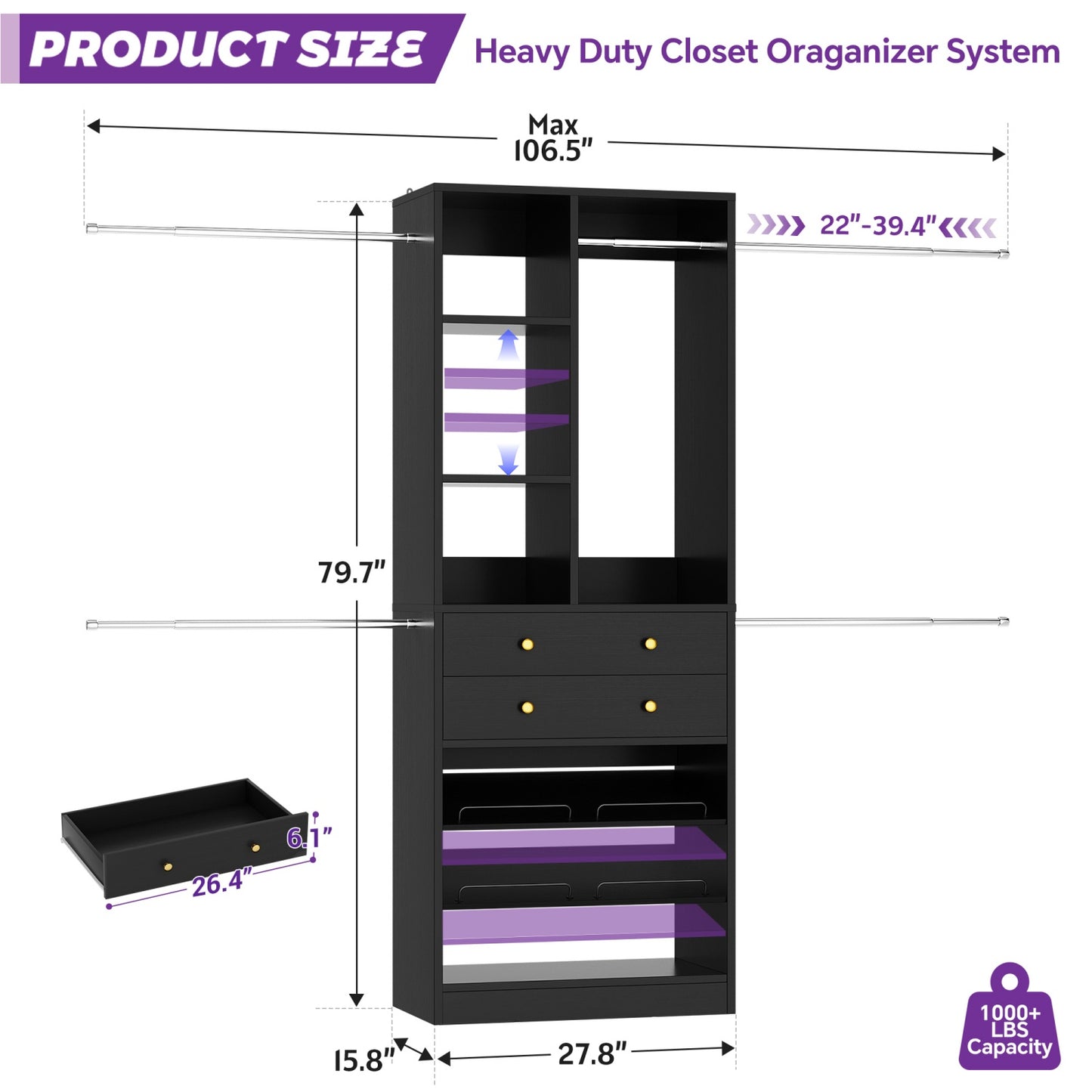 Wooden Closet System with Shoes Shelf and Drawer, Closet Organizer Storage with Drawer