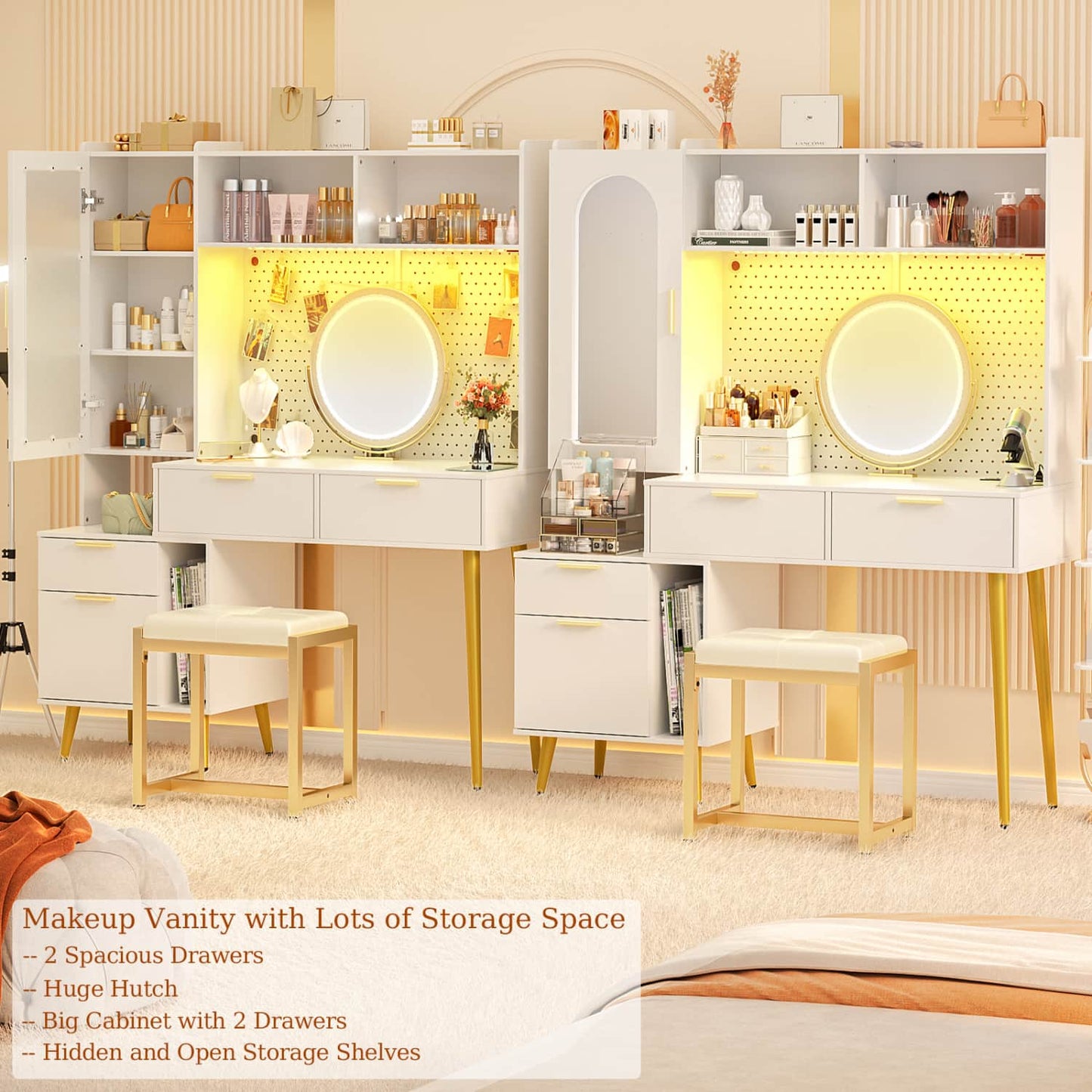 Makeup Vanity with Hutch, LED Lighted Mirror & Charging Station