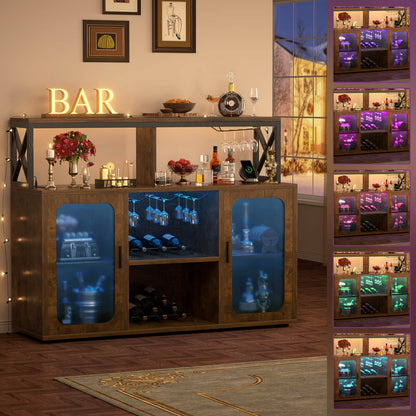 Wine Bar Cabinet with Glass Holders and and Doors, Buffet Wine cabinet with Power Outlet