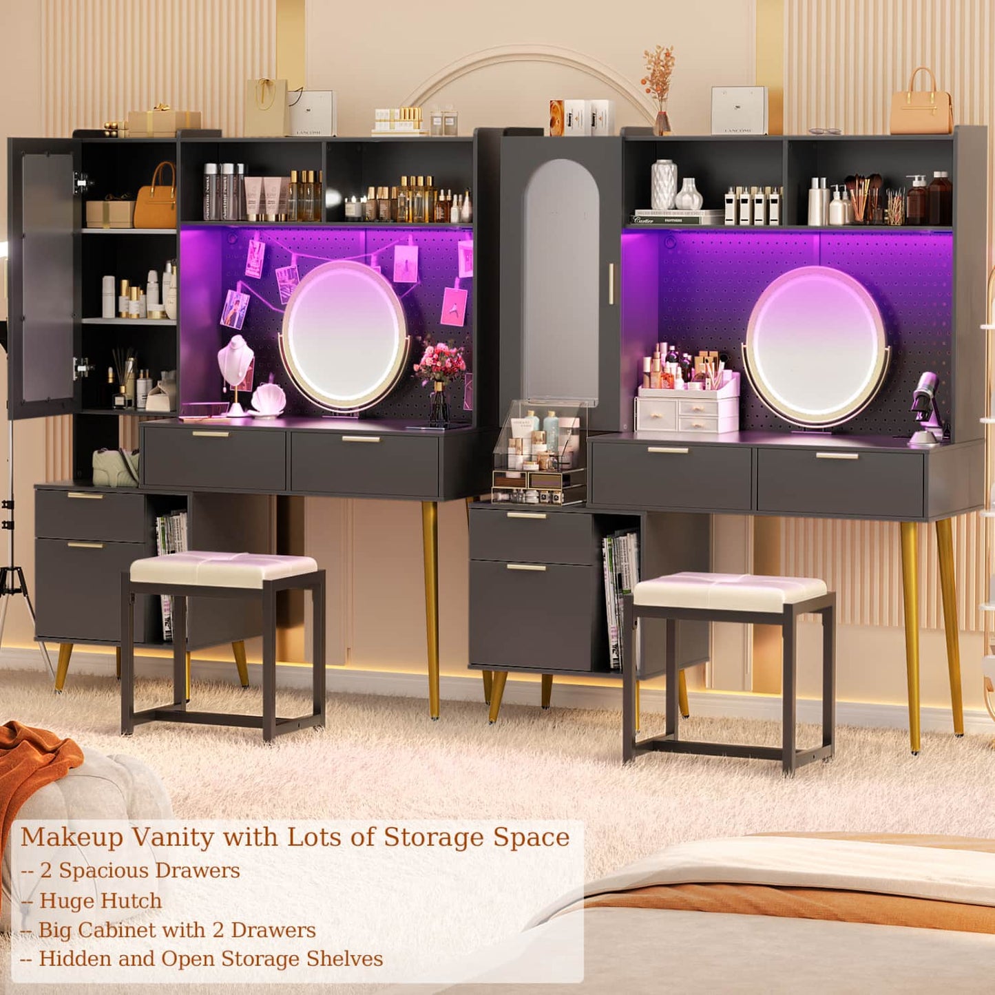 Makeup Vanity with Hutch, LED Lighted Mirror & Charging Station