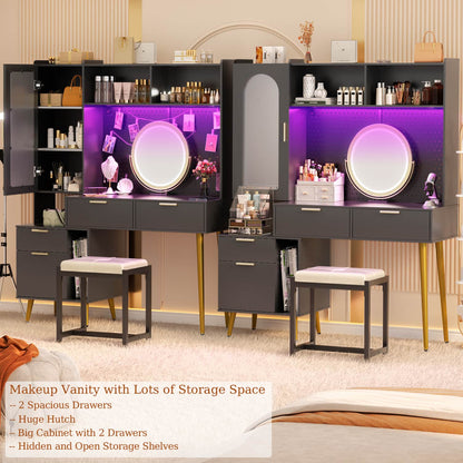Makeup Vanity with Hutch, LED Lighted Mirror & Charging Station