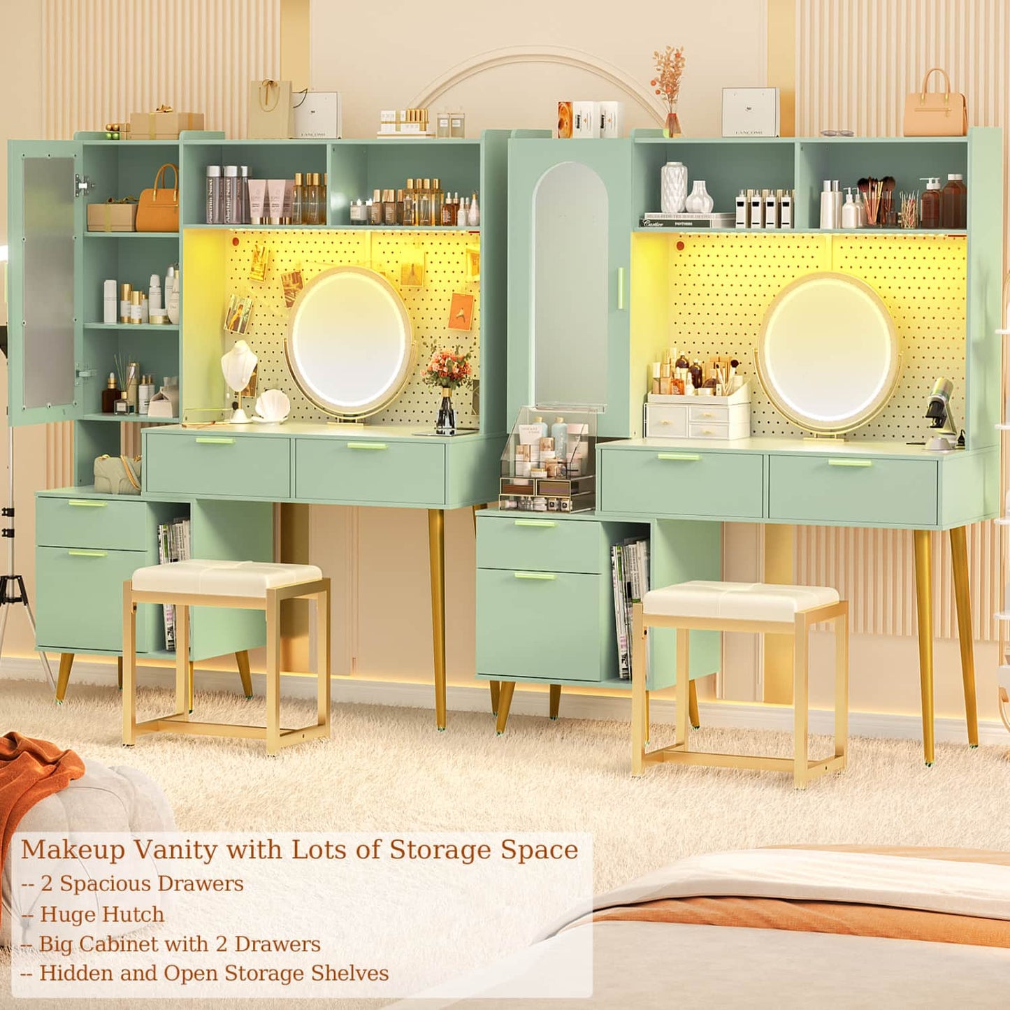 Makeup Vanity with Hutch, LED Lighted Mirror & Charging Station