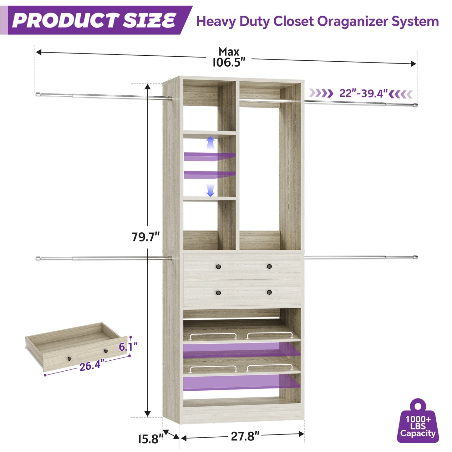 Wooden Closet System with Shoes Shelf and Drawer, Closet Organizer Storage with Drawer