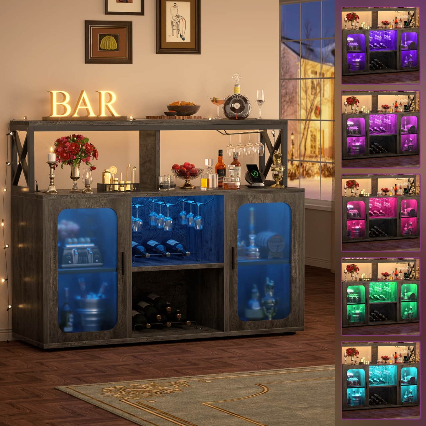 Wine Bar Cabinet with Glass Holders and and Doors, Buffet Wine cabinet with Power Outlet