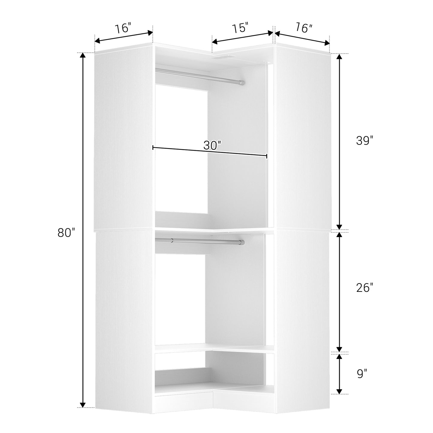Freestanding Corner Closet System with 2 Hanging Rods and Shoes Shelf