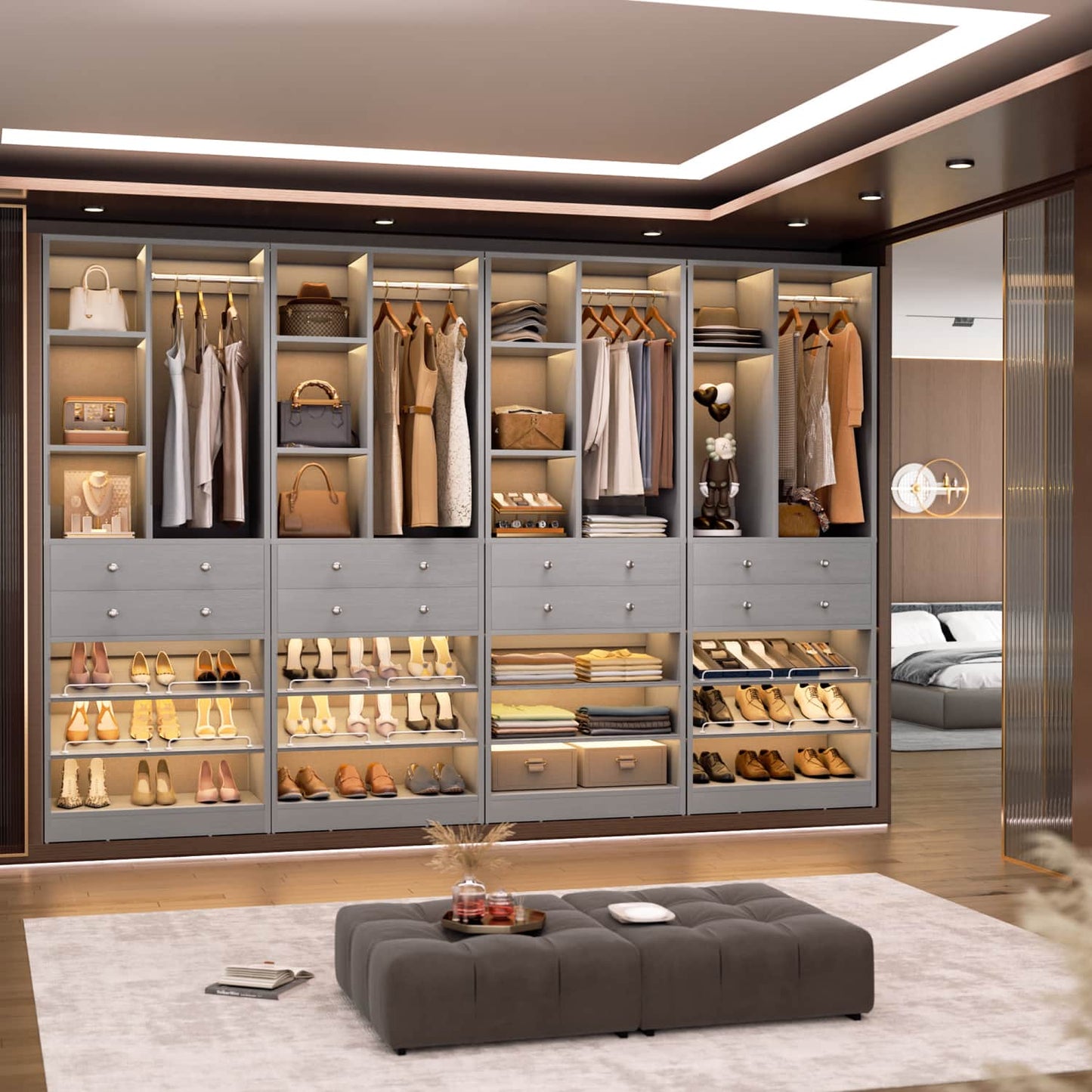 Closet Storage System with Adjustable Shoes Shelves, Closet Organizer with Drawer