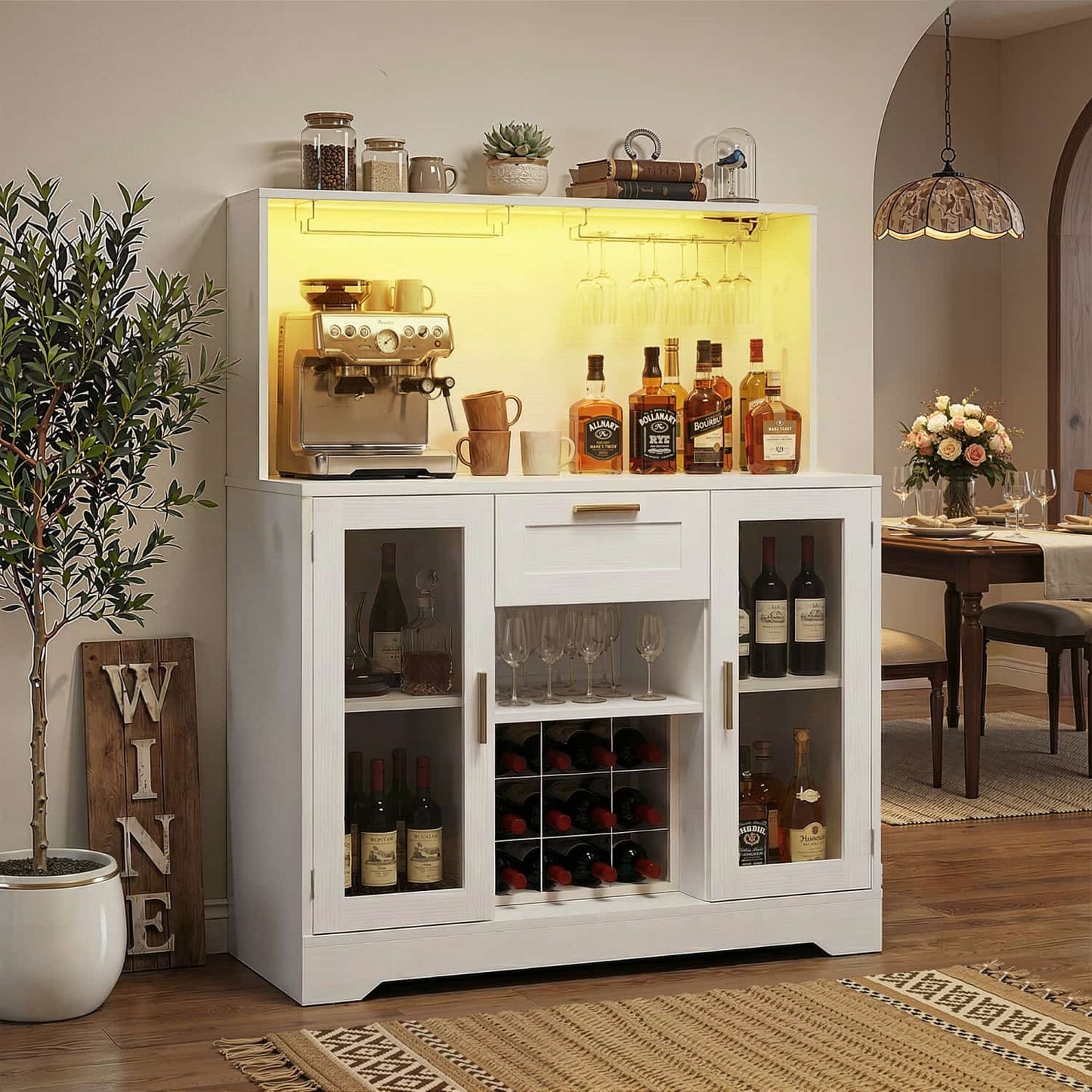 Kitchen Wine Bar Cabinet with Wine Rack and Door, Coffee Bar Buffet Table with Storage Drawer