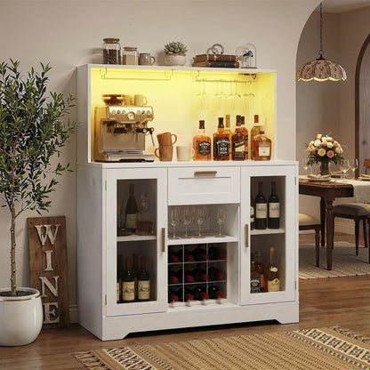 Kitchen Wine Bar Cabinet with Wine Rack and Door, Coffee Bar Buffet Table with Storage Drawer