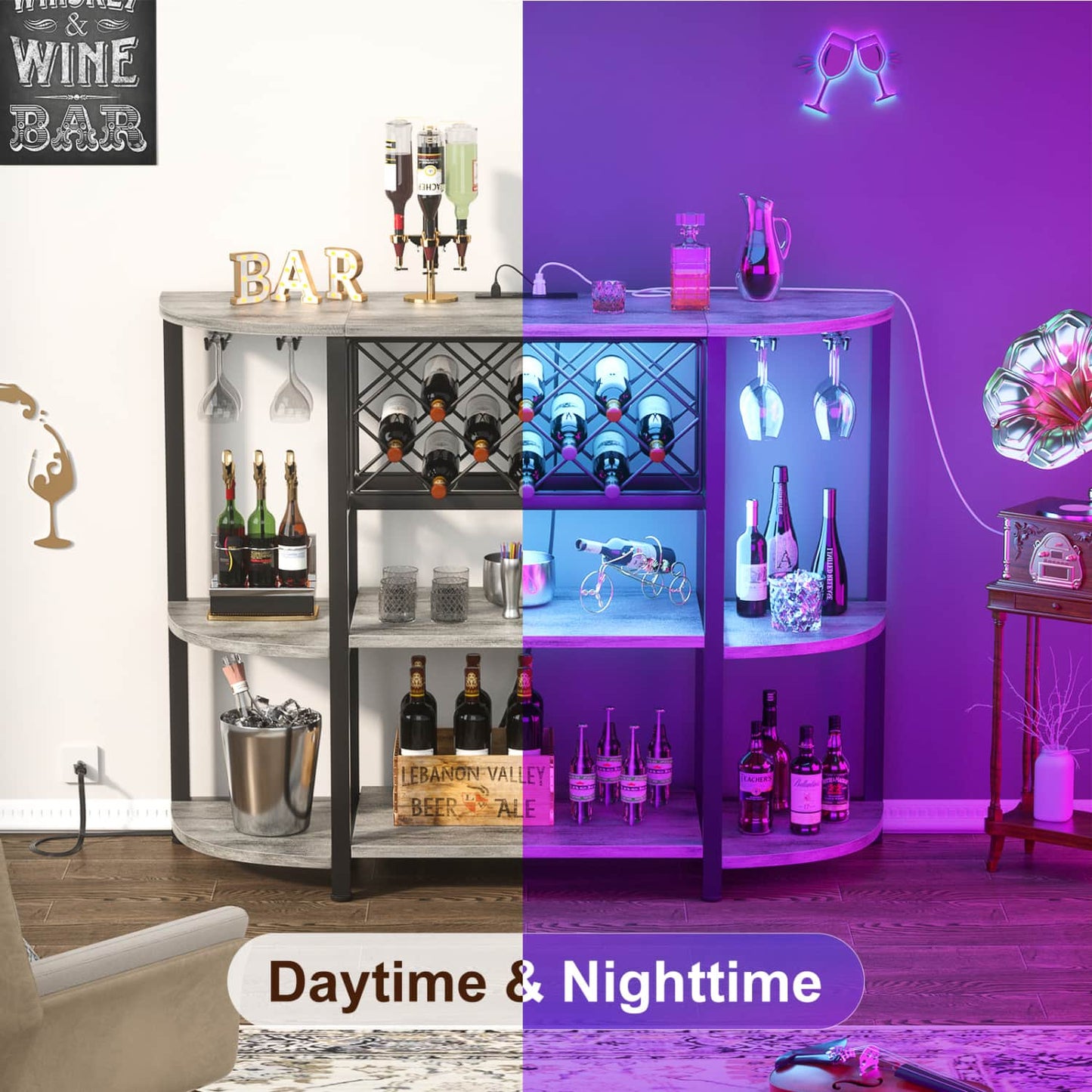 47.24" Storage Wine Cabinet with Lights and Outlets