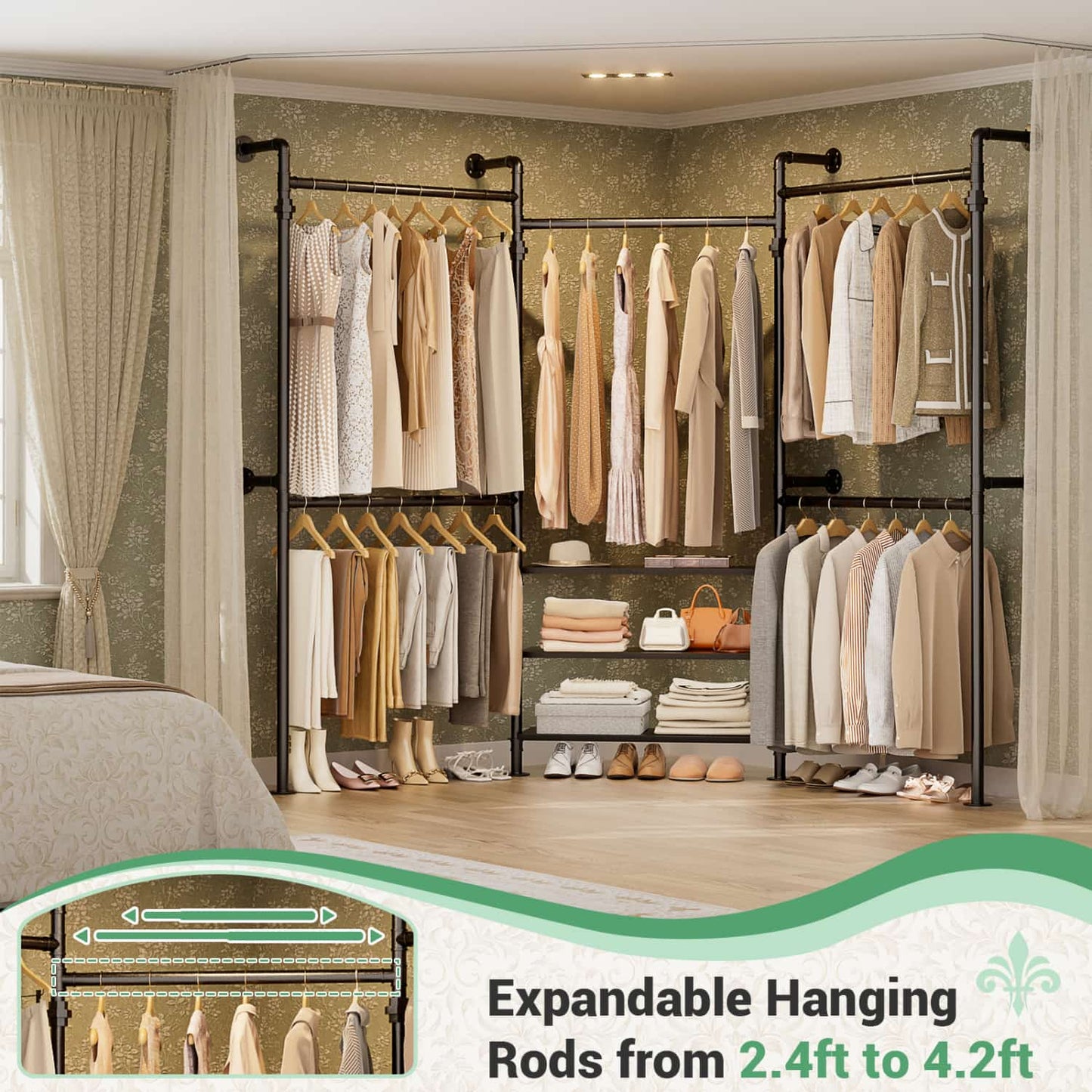 84"-128" Metal Pipe Clothing Rack Wall Mounted , Garment Rack