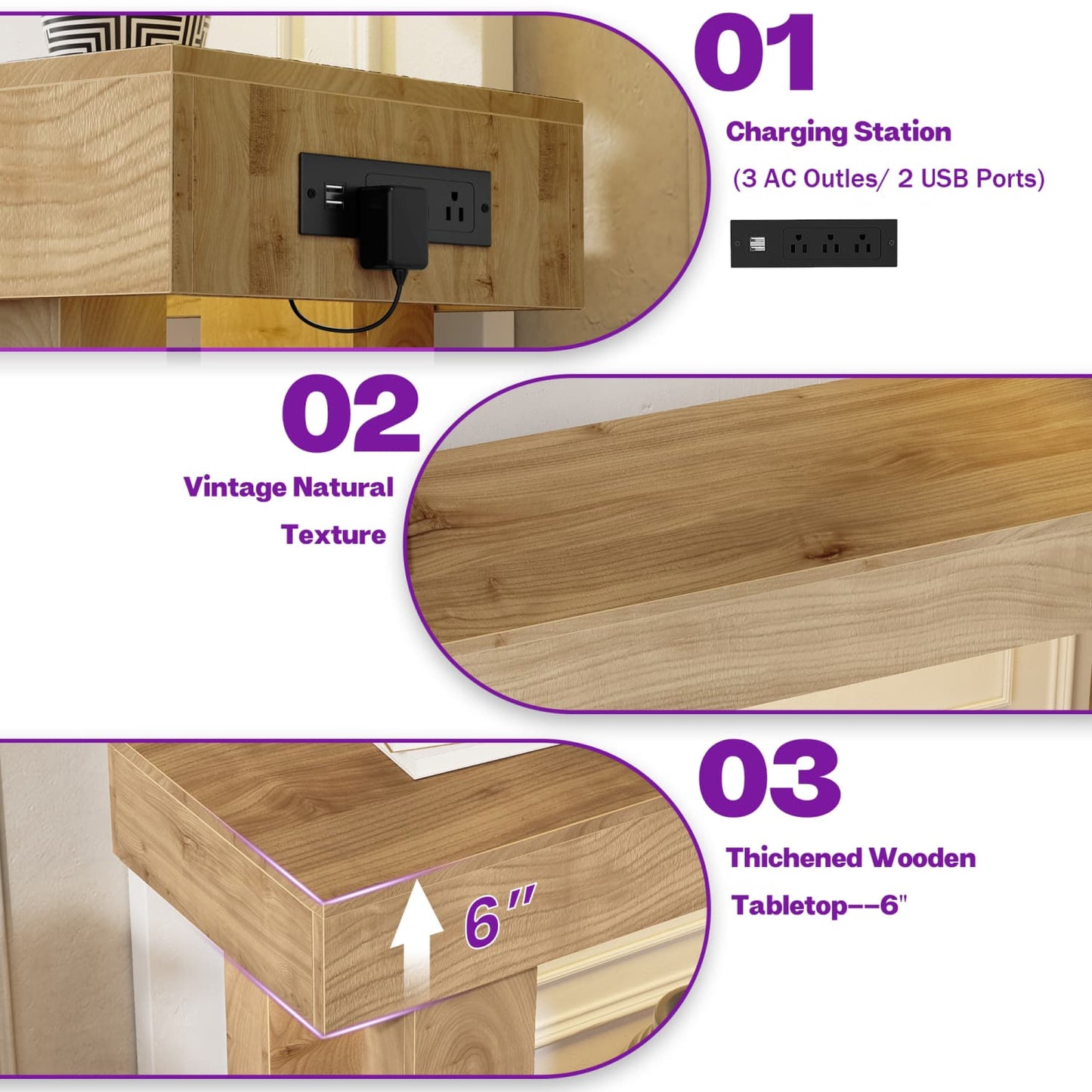 47inch Console Table with Power Outlets, Wood Narrow Entryway Table
