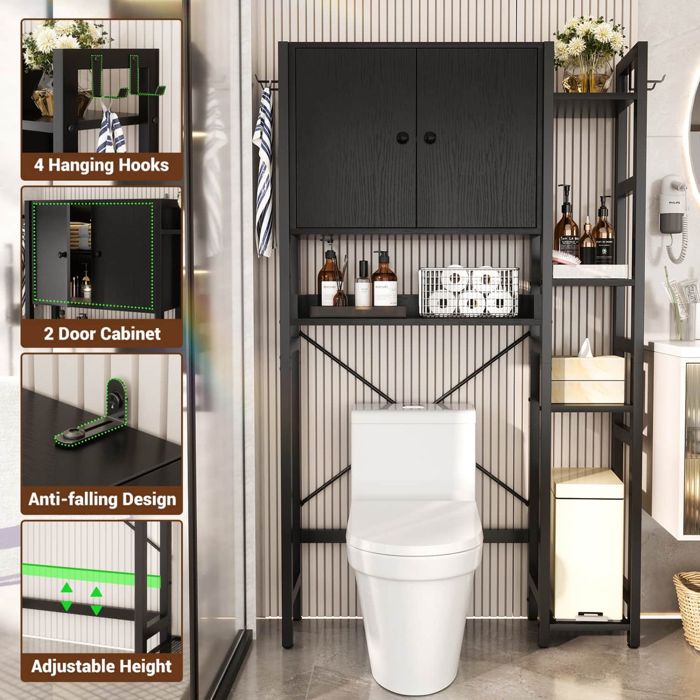7-Tier Bathroom Organizer with Adjustable Shelf, Over The Toilet Storage Rack with 4 Hooks and Drawers