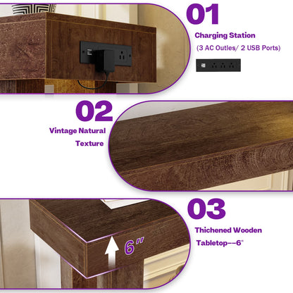 63inch Console Table with Power Outlets, Wood Narrow Entryway Table