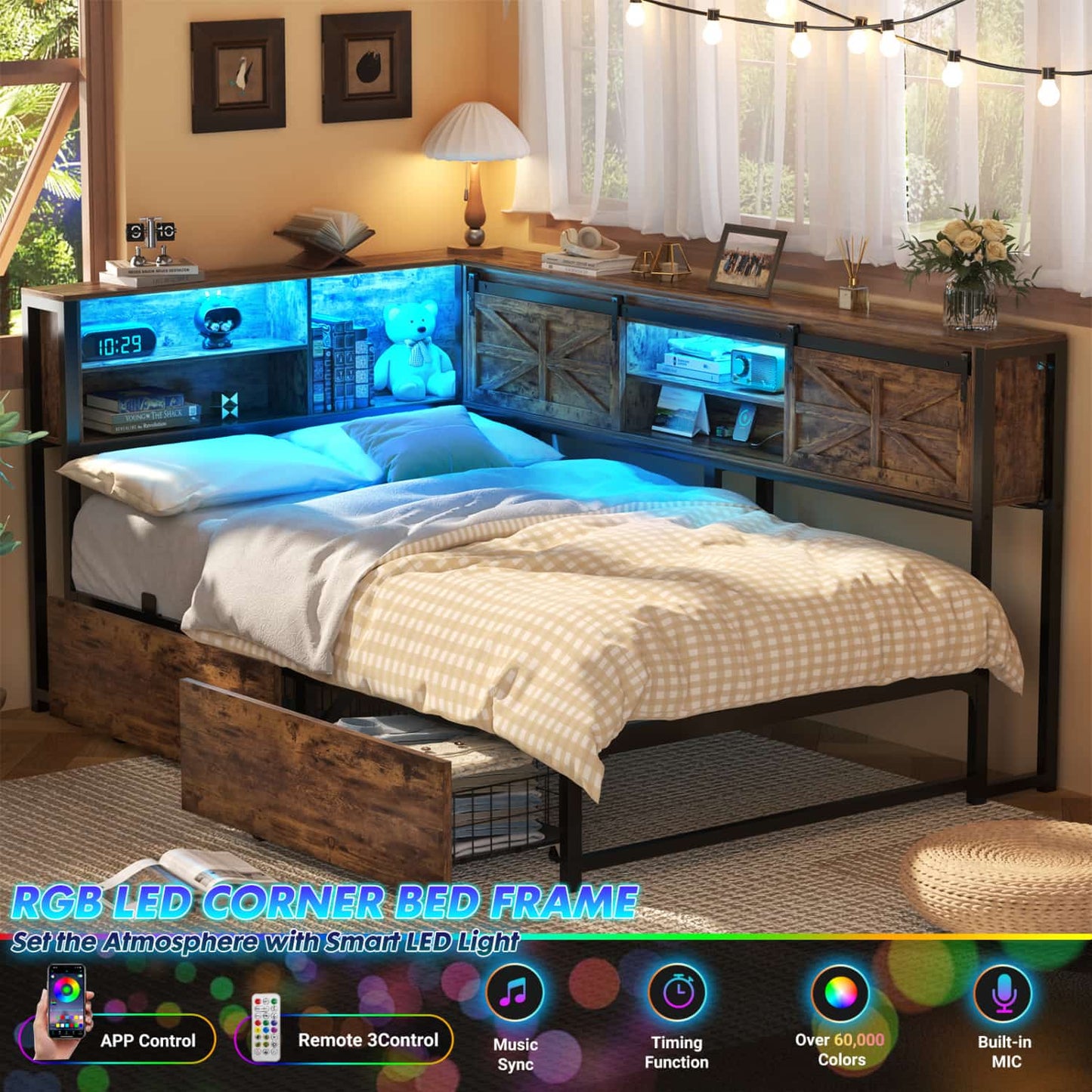Bookcase Daybed with Wood Drawer, Corner Bed Frame with Sliding Door