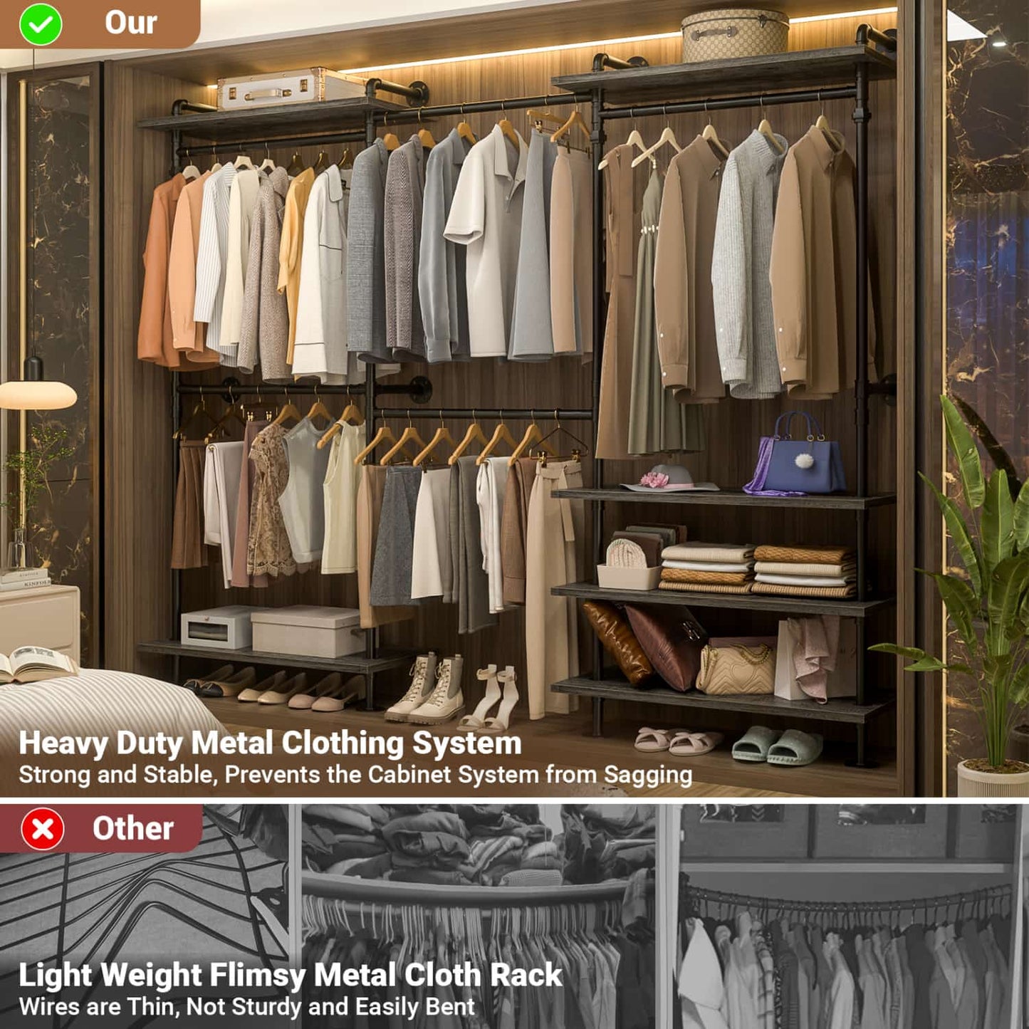 Garment Rack with Wood Shelves, Closet system Storage Rack