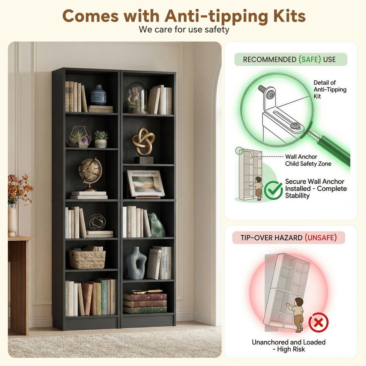 Besiost Bookcase with 2 Adjustable Shelves
