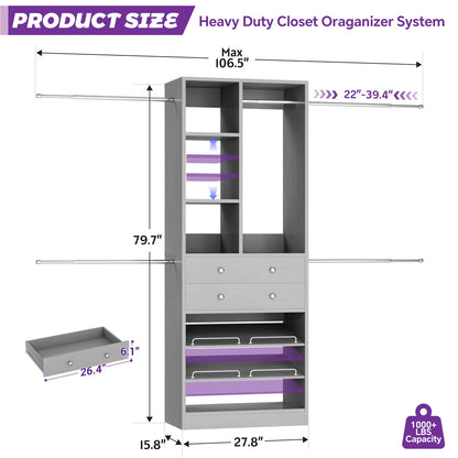 Wooden Closet System with Shoes Shelf and Drawer, Closet Organizer Storage with Drawer
