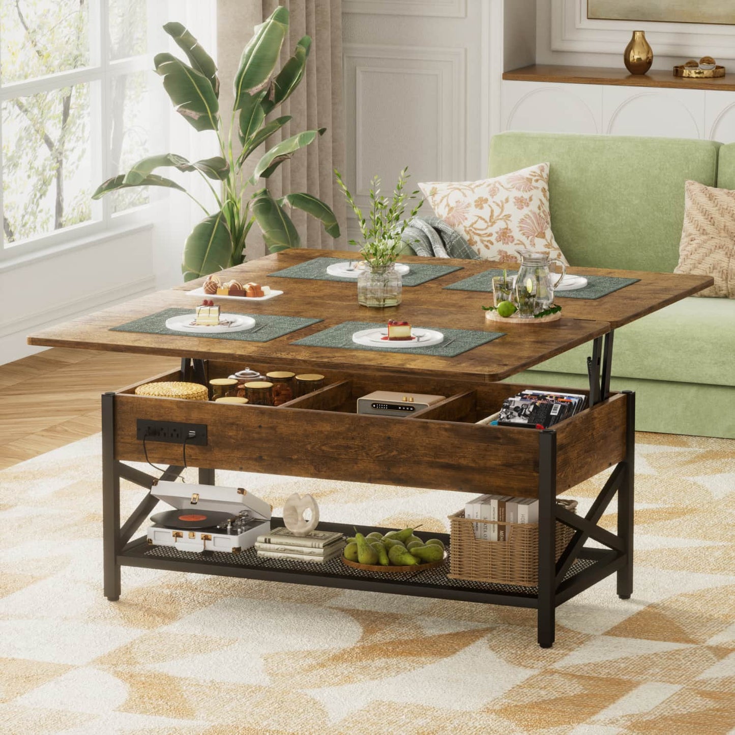 Coffee Table Lift Top with LED Light and Power Outlet