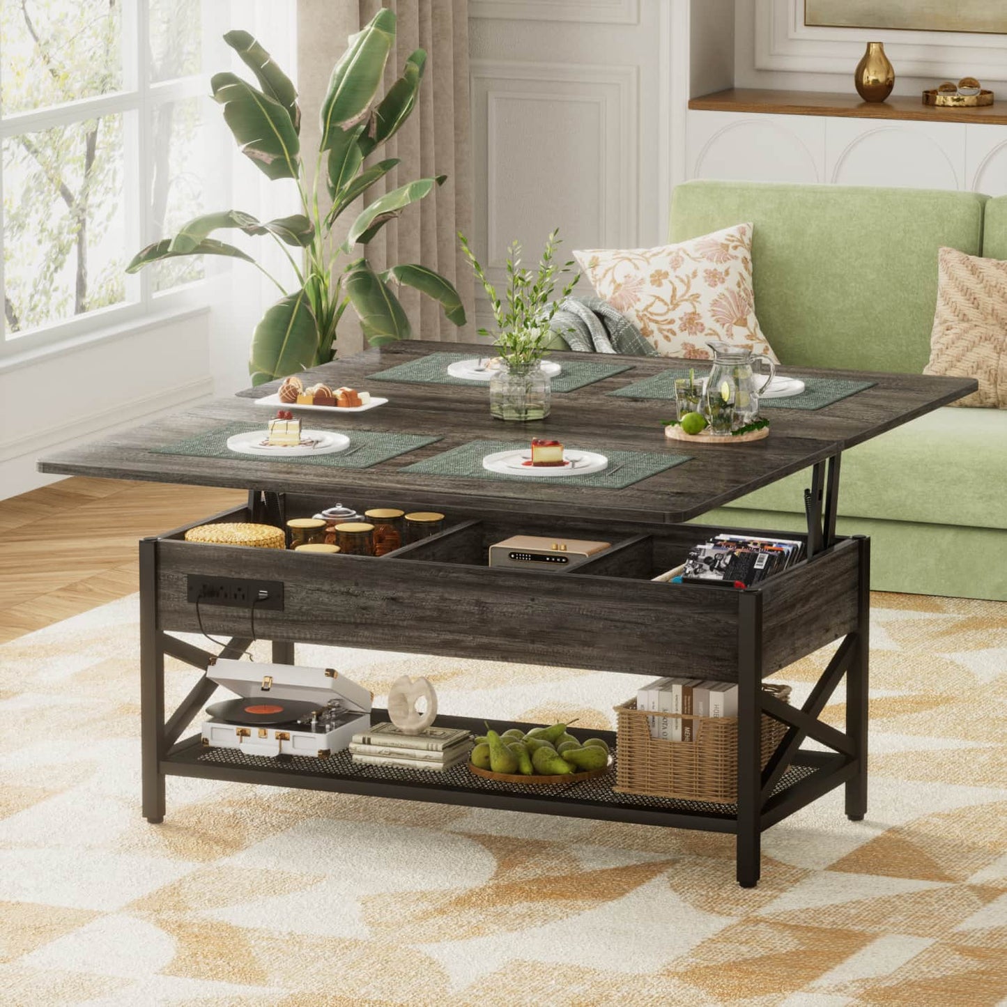 Coffee Table Lift Top with LED Light and Power Outlet