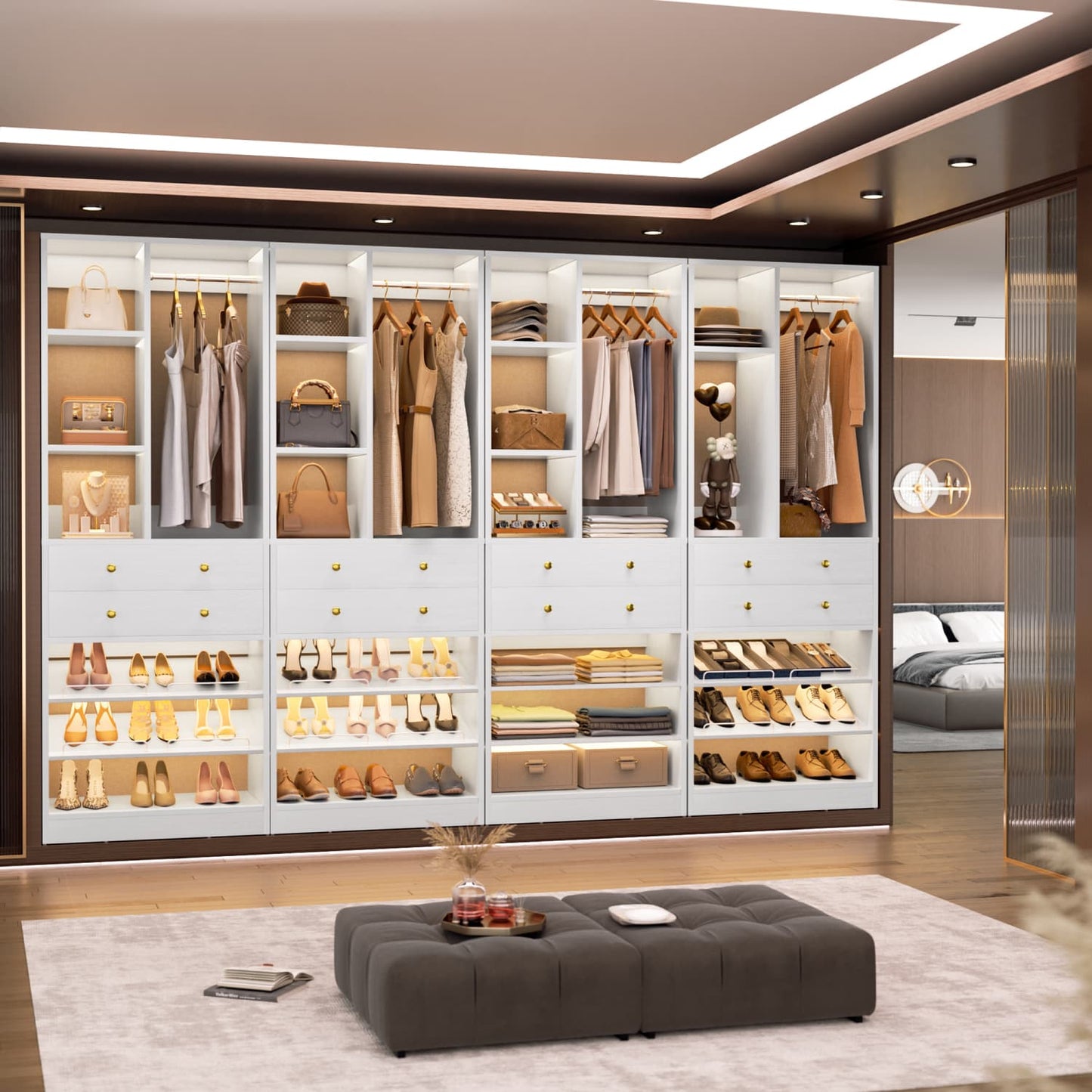 Closet Storage System with Adjustable Shoes Shelves, Closet Organizer with Drawer
