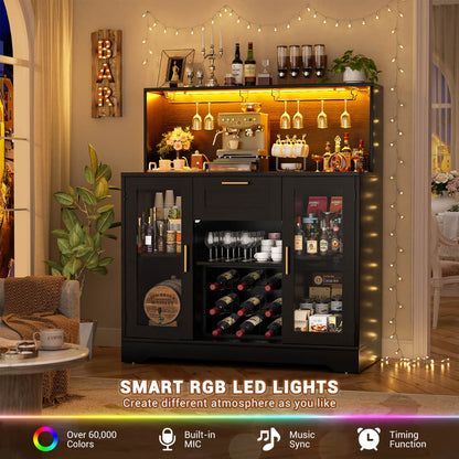 Wine Bar Buffet Table with Storage and Wine Rack, Coffee Bar Cabinet with Drawer