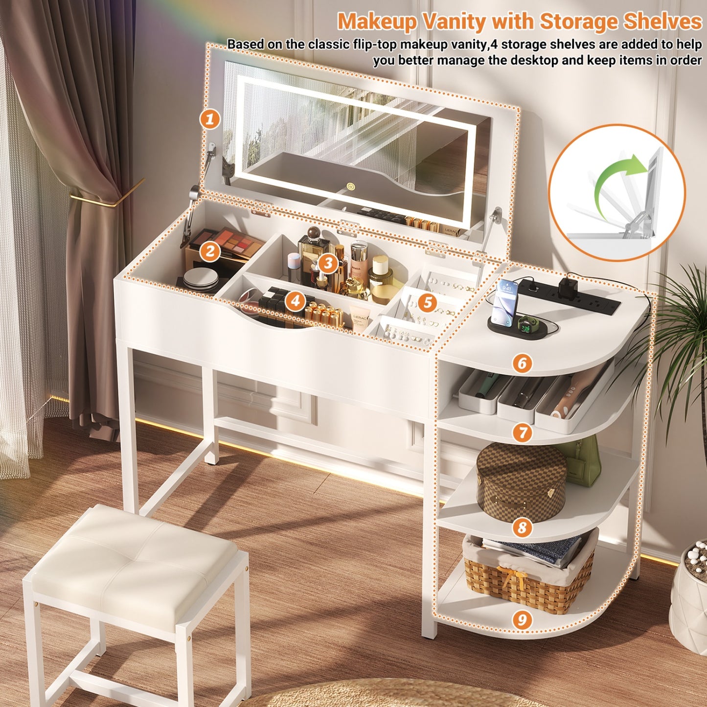 Flip-Top Makeup Dressing Table with mirror and Drawer, Small Vanity Desk with Charging Station