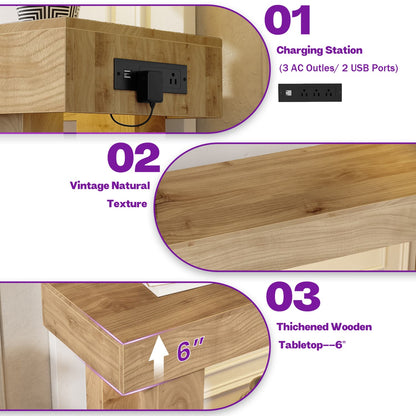 63inch Console Table with Power Outlets, Wood Narrow Entryway Table