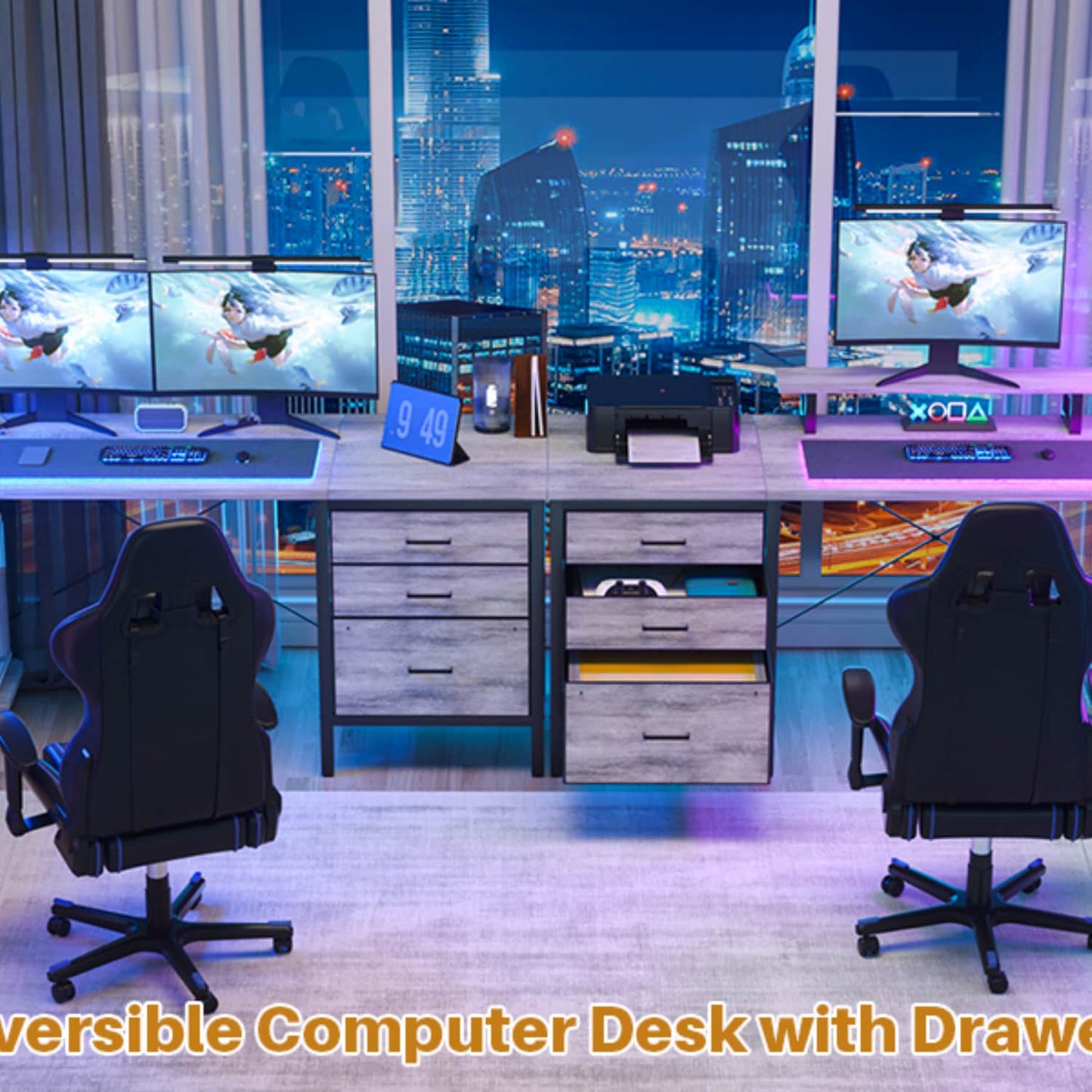 L Shaped Computer Desk with Hutch, Power Outlets, LED Lights & Storage Drawers