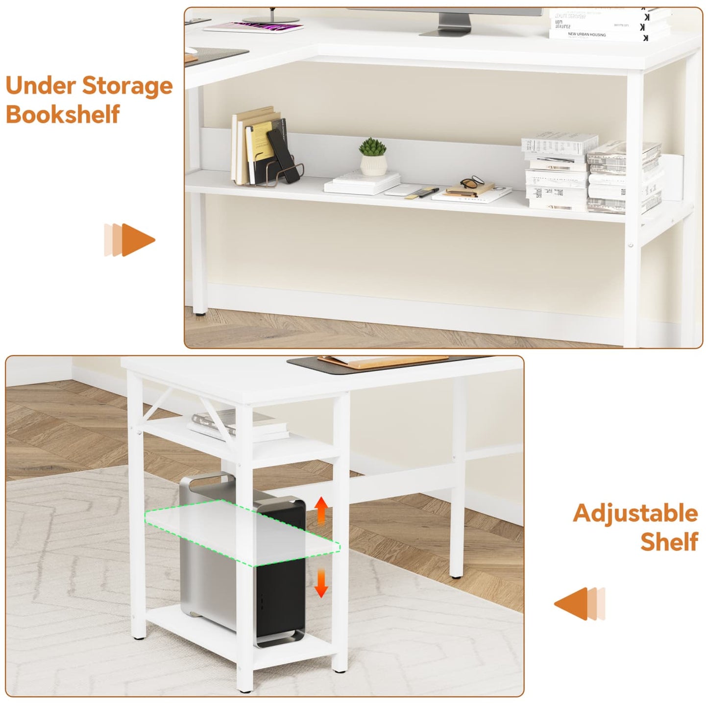 L Shaped Desk with Storage, Power Outlet, USB Ports, Reversible Computer Desk