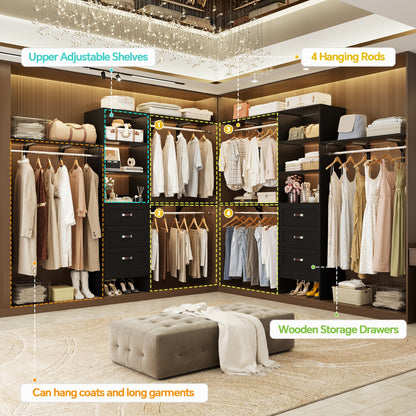 Closet Organizer System with Hanging Rods and Shelves, Wardrobe System with Drawers