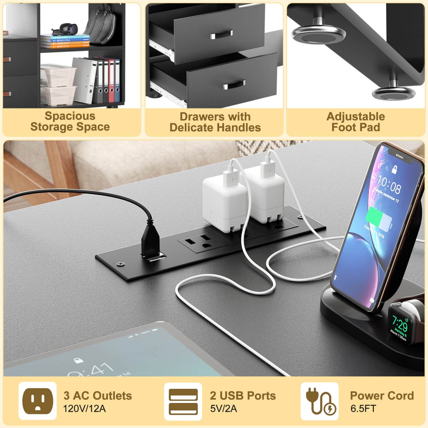 62" L Shaped Computer Desk with File Drawer, LED Lights